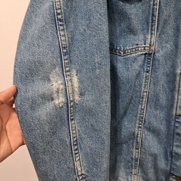 Free People Ramona Distressed Western Vintage Denim Trucker Jacket Lrg Southbank - Picture 15 of 16
